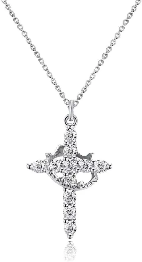Paved Zircon Cross Rotated Crown Necklace,18K Gold Plated Rotating Crown Cross Pendant Necklace, Crystal Diamond Cross Necklace for Men Women