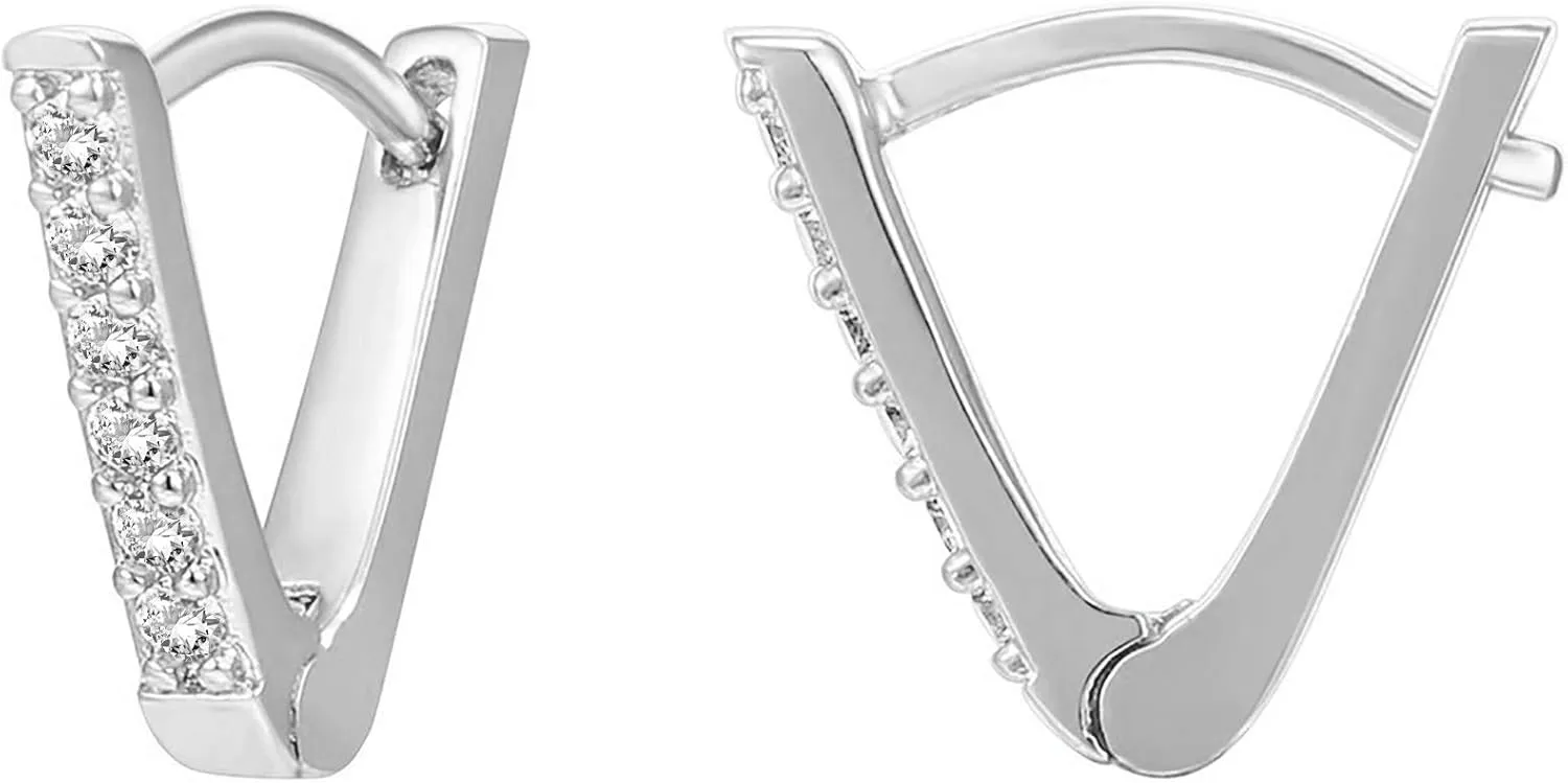 PAVOI 14K Gold Plated Sterling Silver Post V-Shaped Huggie Earrings - Cubic Zirconia Studded Small Hoop Earrings for Women in Rose, White and Yellow Gold