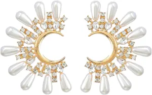 Pearl Flower Statement Earrings for Women Big Gold Moon Rhinestone Stud Earrings Boho Half Sunflower Dangle Earring for Prom Jewelry Gift