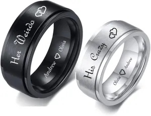 Personalized Matching Spinner Rings for Couples Promise Rings for Him and Her Set Stainless Steel Matching Wedding Rings for Couples Set Black Custom Engraved Rings for Couples Tungsten Valentine's Day Jewelry Gift