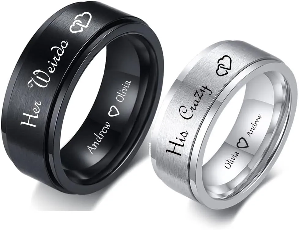 Personalized Matching Spinner Rings for Couples Promise Rings for Him and Her Set Stainless Steel Matching Wedding Rings for Couples Set Black Custom Engraved Rings for Couples Tungsten Valentine's Day Jewelry Gift