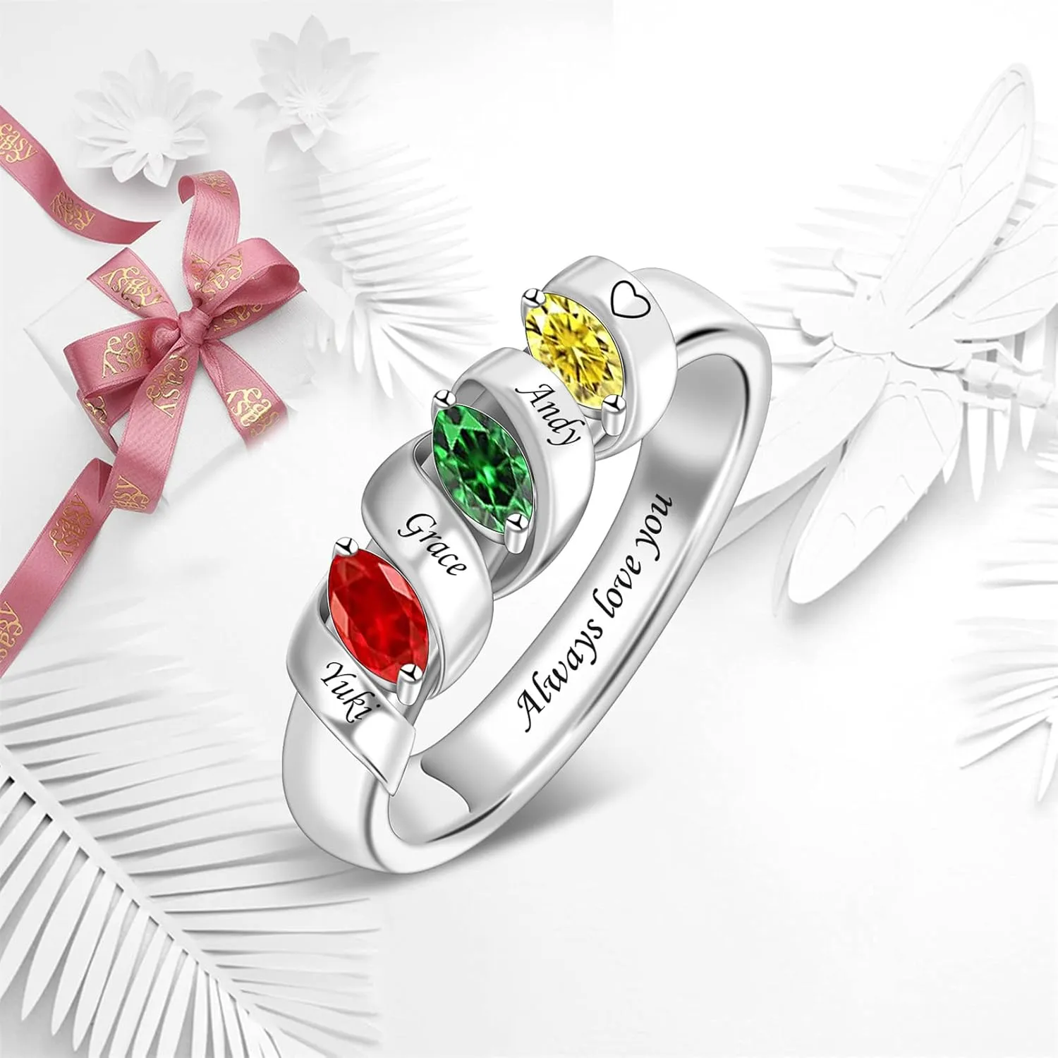 Personalized Mothers Ring with Simulated Birthstones Engraved 1-6 Family Names Mother's Day Rings Custom Family Rings for Women