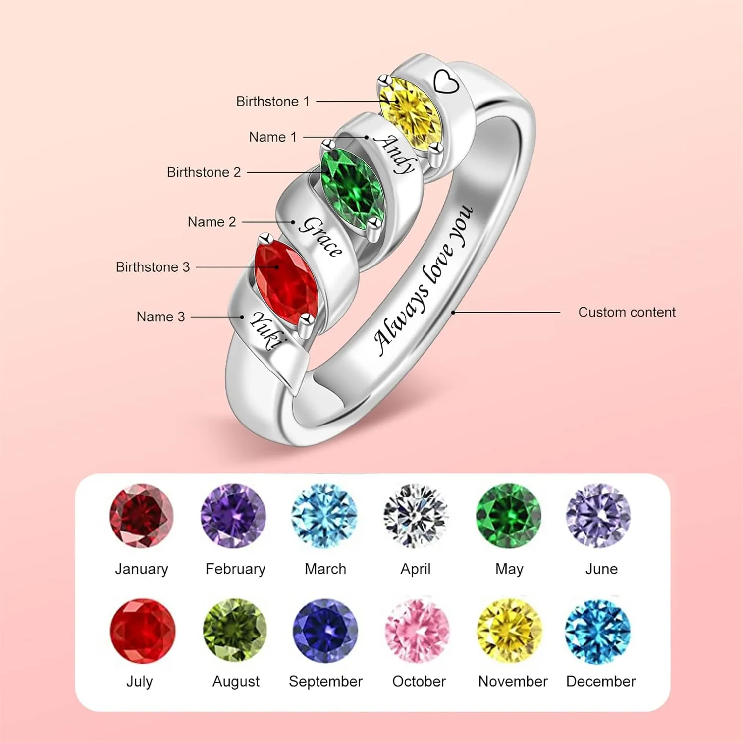 Personalized Mothers Ring with Simulated Birthstones Engraved 1-6 Family Names Mother's Day Rings Custom Family Rings for Women