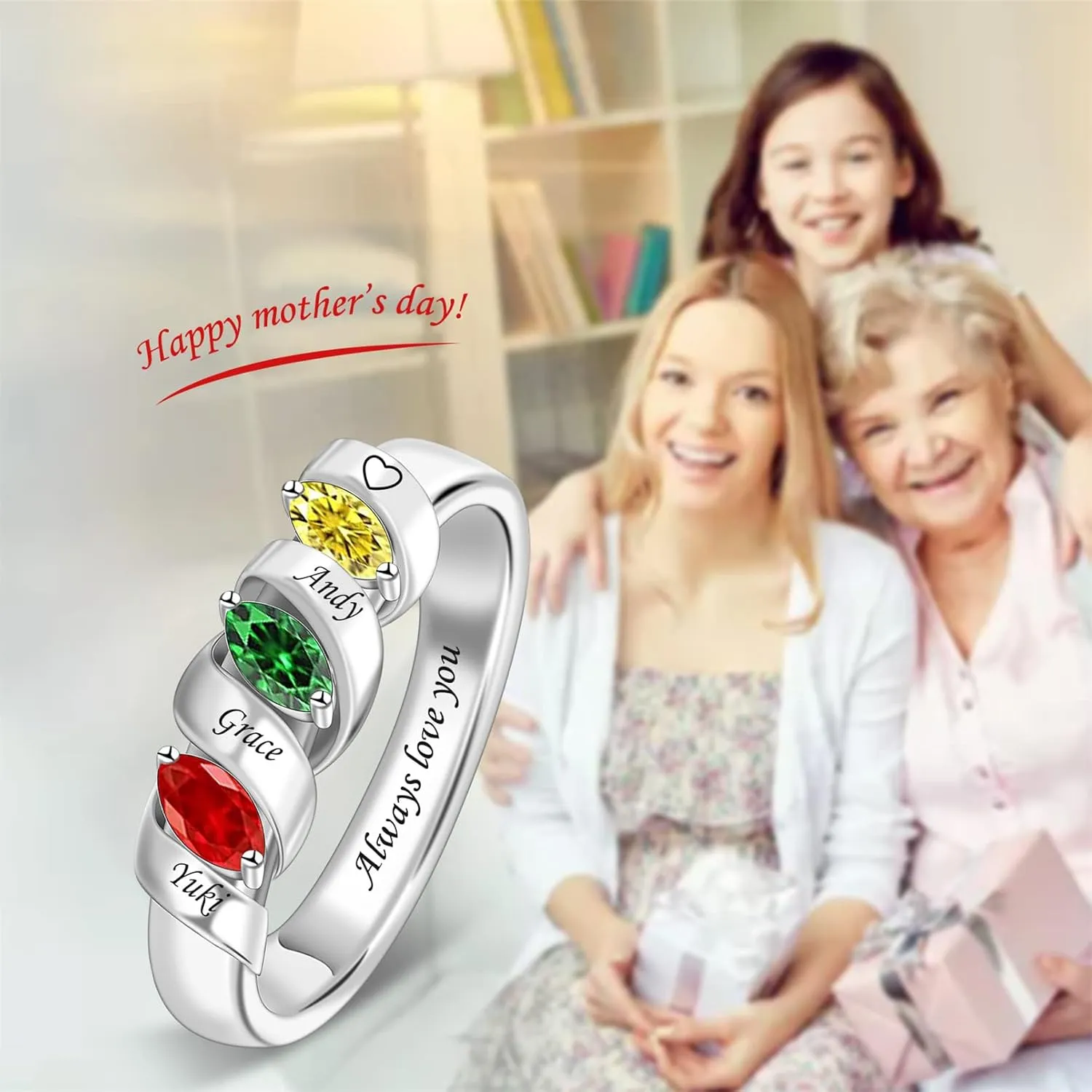 Personalized Mothers Ring with Simulated Birthstones Engraved 1-6 Family Names Mother's Day Rings Custom Family Rings for Women