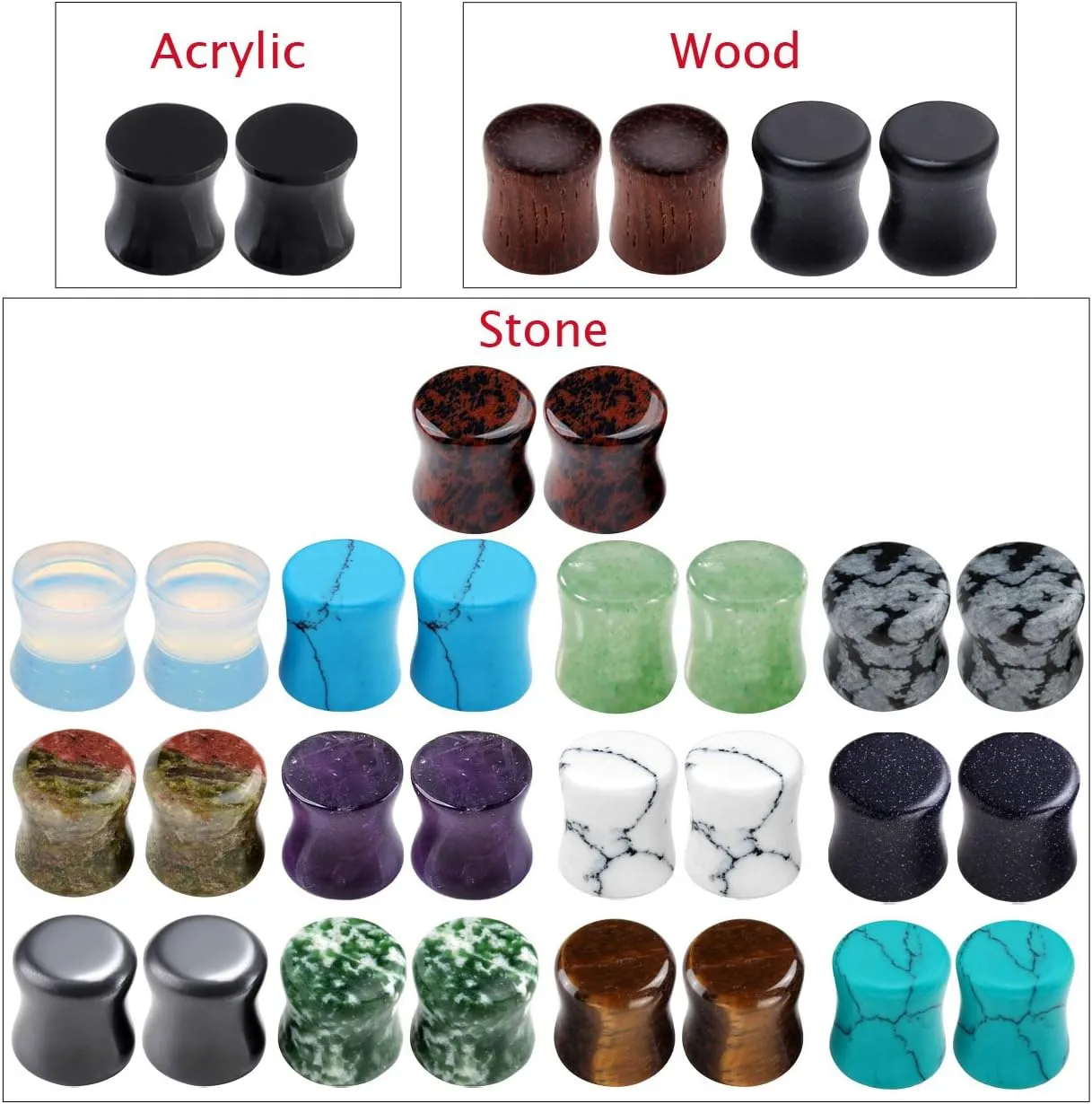 PiercingJ Acrylic Wood Mixed Stone Plugs - 16 Pairs/32 Pieces Set - Ear Tunnels & Gauges - Double Flared Ear Expander Set