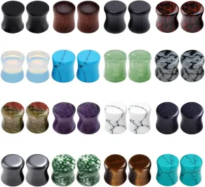 PiercingJ Acrylic Wood Mixed Stone Plugs - 16 Pairs/32 Pieces Set - Ear Tunnels & Gauges - Double Flared Ear Expander Set