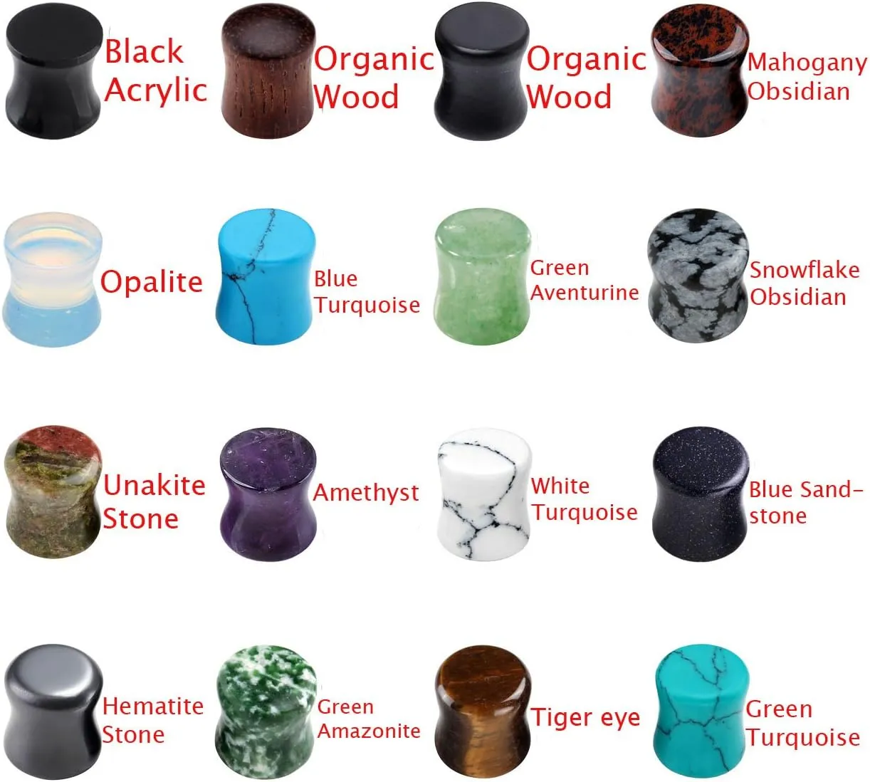 PiercingJ Acrylic Wood Mixed Stone Plugs - 16 Pairs/32 Pieces Set - Ear Tunnels & Gauges - Double Flared Ear Expander Set