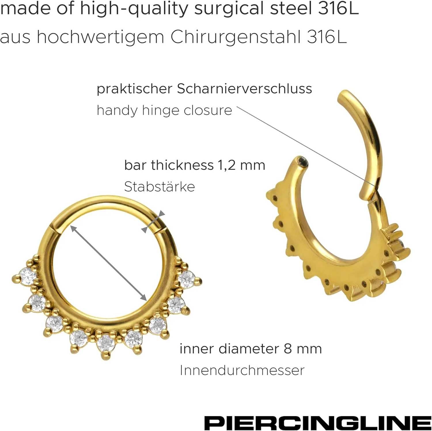 PIERCINGLINE Surgical Steel Segment Ring Clicker with 9 crystals hoop septum jewelry, nose ring, ear piercing in 4 colors