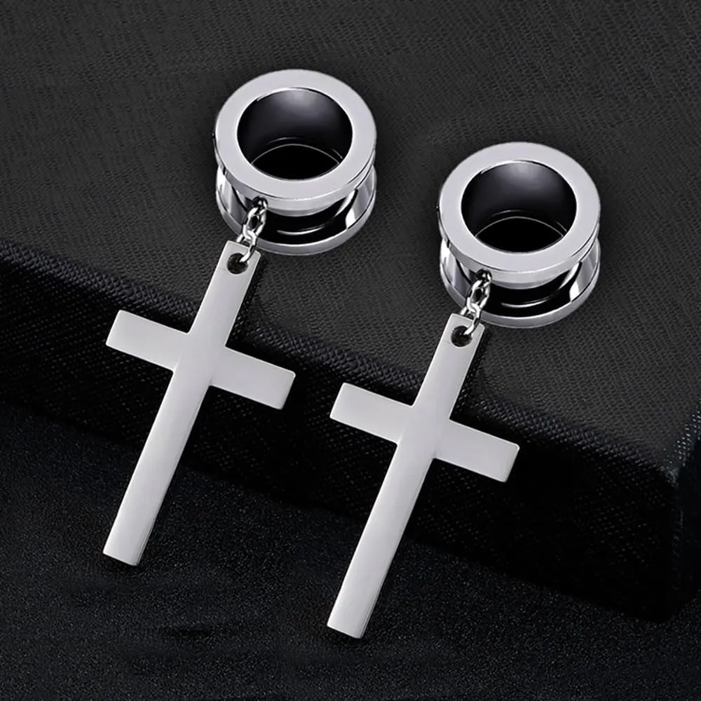 Plugs For Ears,Ear Tunnels1 Pair Minimalist Cross Ear Gauges Hypoallergenic Stainless Steel Ear Tunnels Plugs Piercing Expander Fashion Body Jewelry