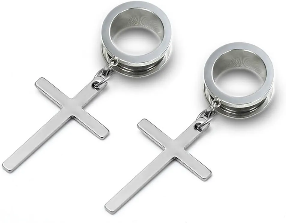Plugs For Ears,Ear Tunnels1 Pair Minimalist Cross Ear Gauges Hypoallergenic Stainless Steel Ear Tunnels Plugs Piercing Expander Fashion Body Jewelry