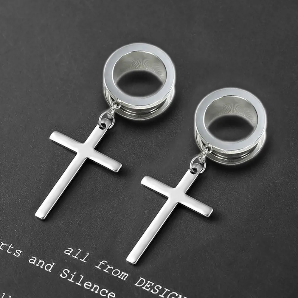 Plugs For Ears,Ear Tunnels1 Pair Minimalist Cross Ear Gauges Hypoallergenic Stainless Steel Ear Tunnels Plugs Piercing Expander Fashion Body Jewelry