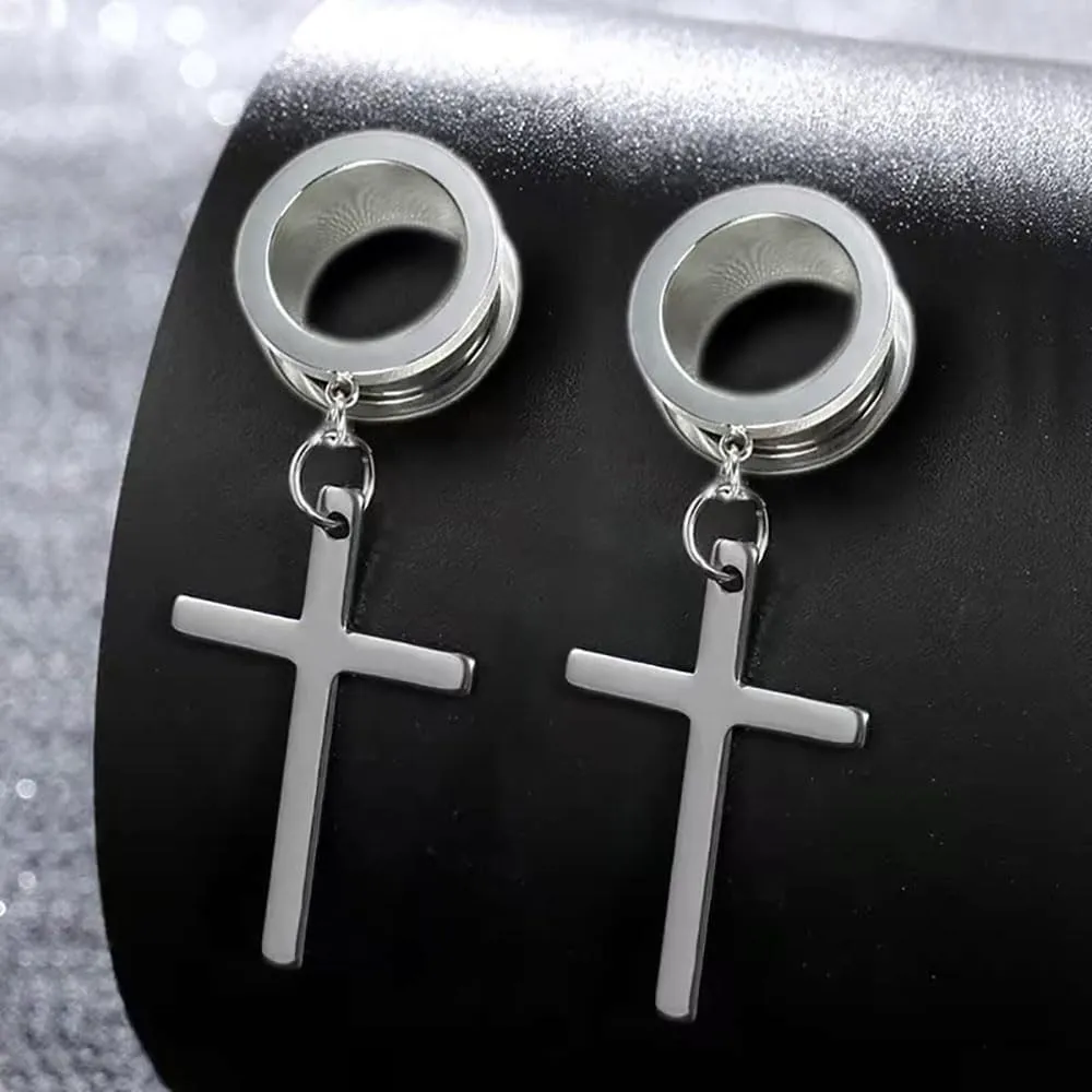 Plugs For Ears,Ear Tunnels1 Pair Minimalist Cross Ear Gauges Hypoallergenic Stainless Steel Ear Tunnels Plugs Piercing Expander Fashion Body Jewelry