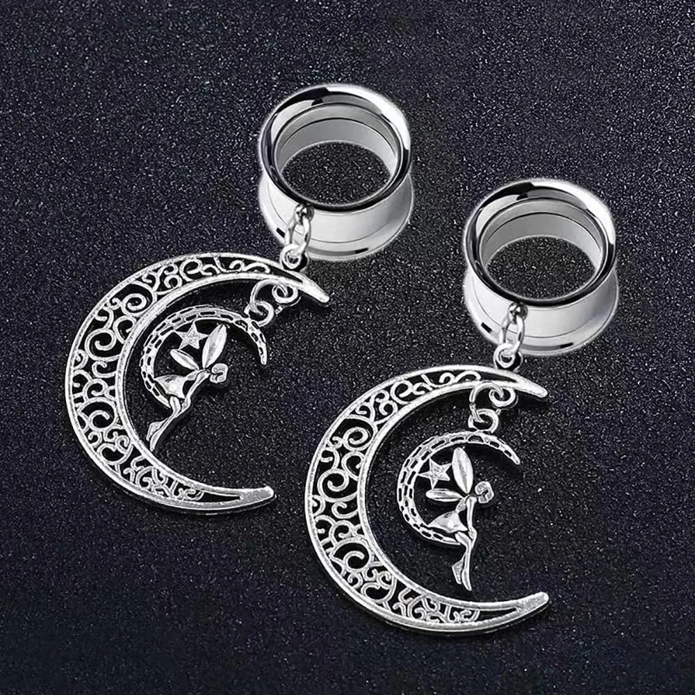 Plugs For Ears,Ear Tunnels1 Pairs Stainless Steel Moon Angel Pendant Screw Ear Tunnels Plugs Expander Stretcher Earrings Body Piercing Jewelry