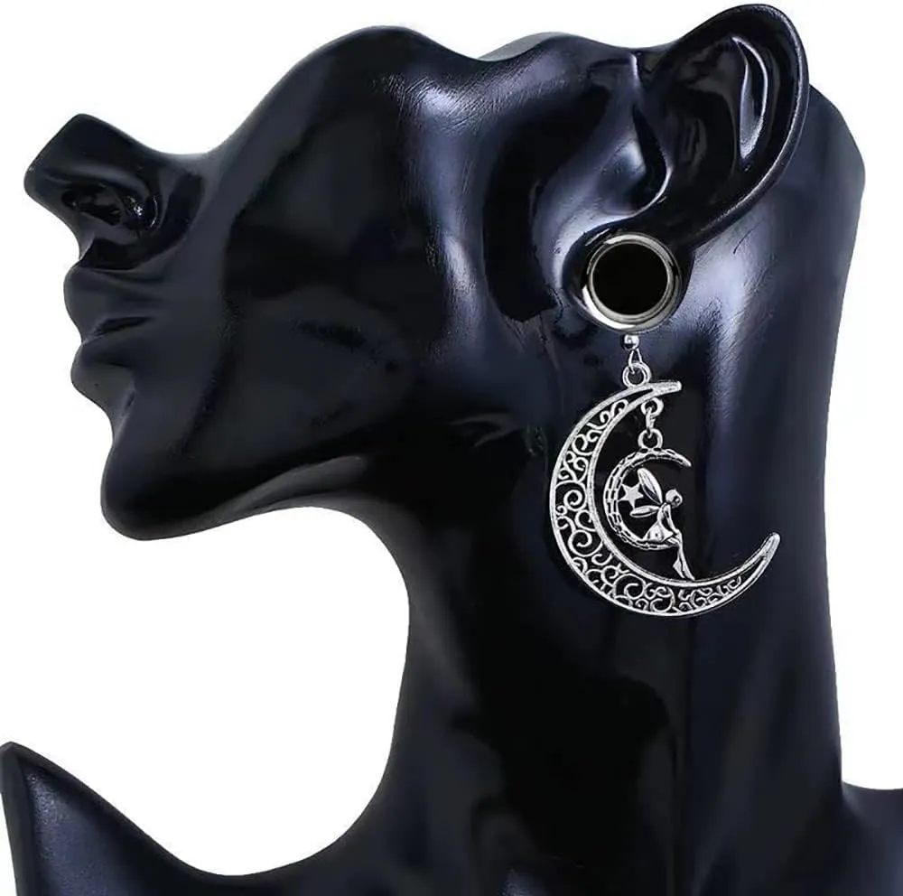 Plugs For Ears,Ear Tunnels1 Pairs Stainless Steel Moon Angel Pendant Screw Ear Tunnels Plugs Expander Stretcher Earrings Body Piercing Jewelry