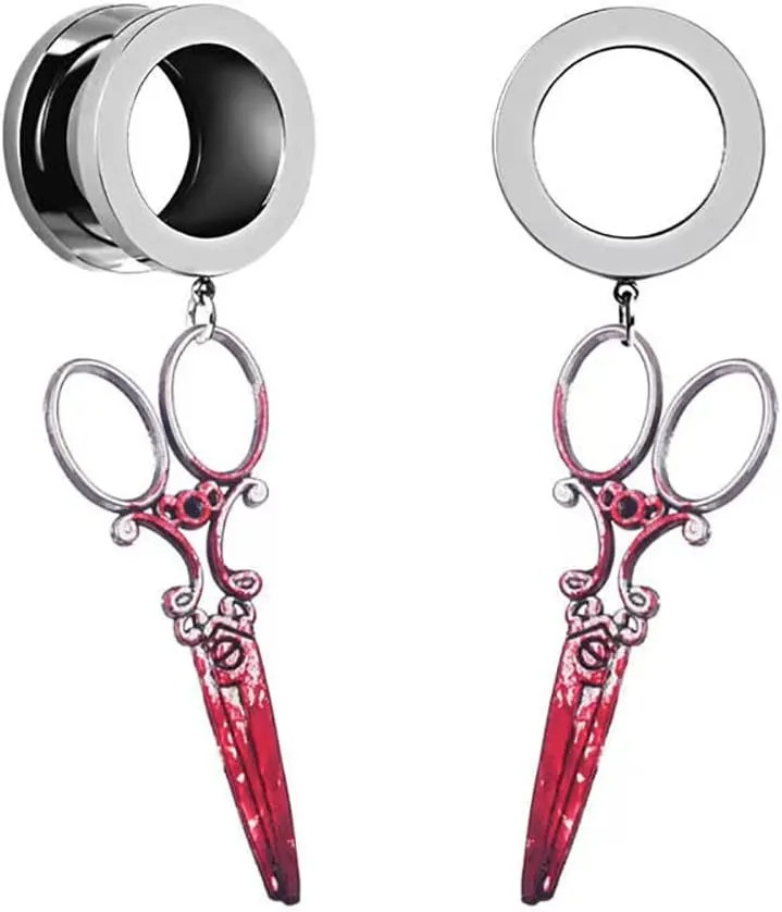 Plugs For Ears,Ear TunnelsHalloween Print Scissors Shape Dangle Ear Tunnels Plug Stainless Steel Double Flare Gauge Ears Expander Flesh Tunnels Piercing for Men Women 6mm-25mm