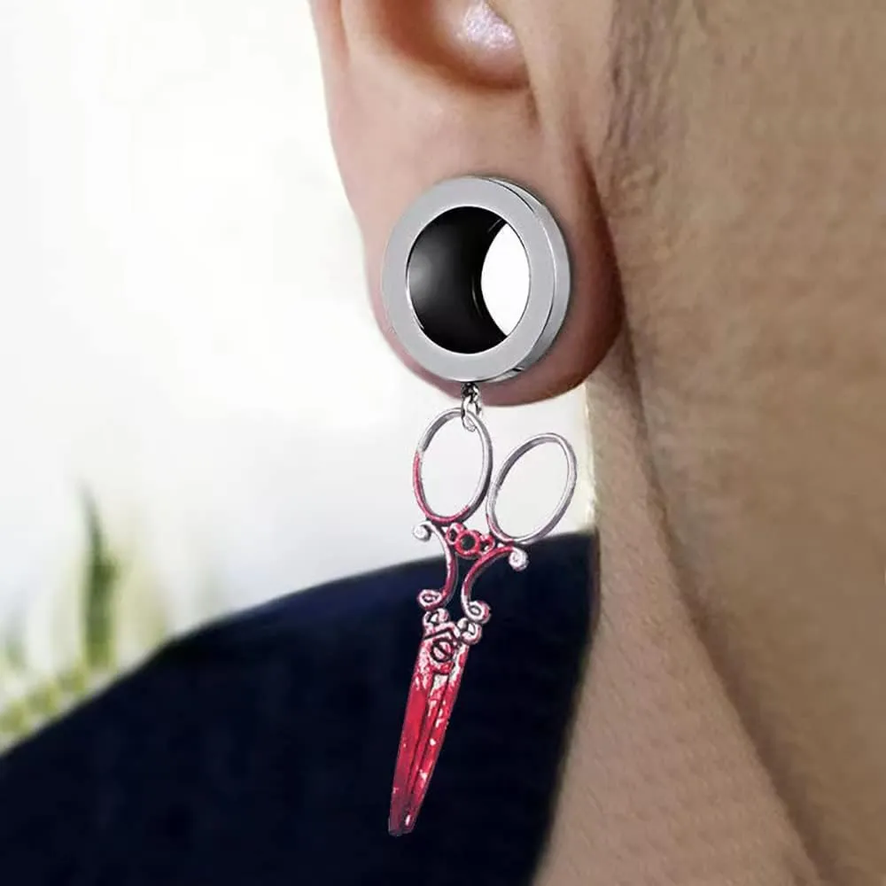 Plugs For Ears,Ear TunnelsHalloween Print Scissors Shape Dangle Ear Tunnels Plug Stainless Steel Double Flare Gauge Ears Expander Flesh Tunnels Piercing for Men Women 6mm-25mm