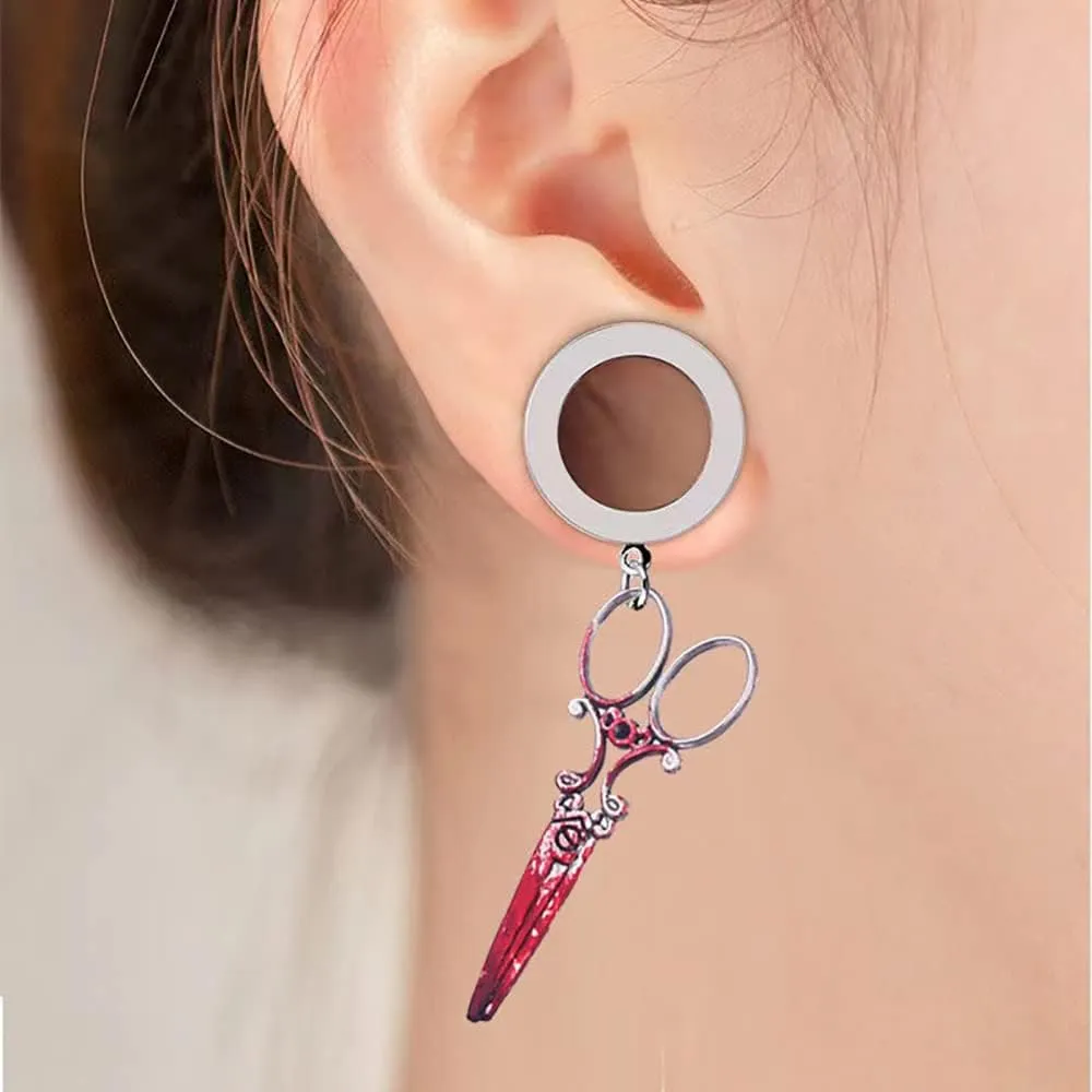 Plugs For Ears,Ear TunnelsHalloween Print Scissors Shape Dangle Ear Tunnels Plug Stainless Steel Double Flare Gauge Ears Expander Flesh Tunnels Piercing for Men Women 6mm-25mm