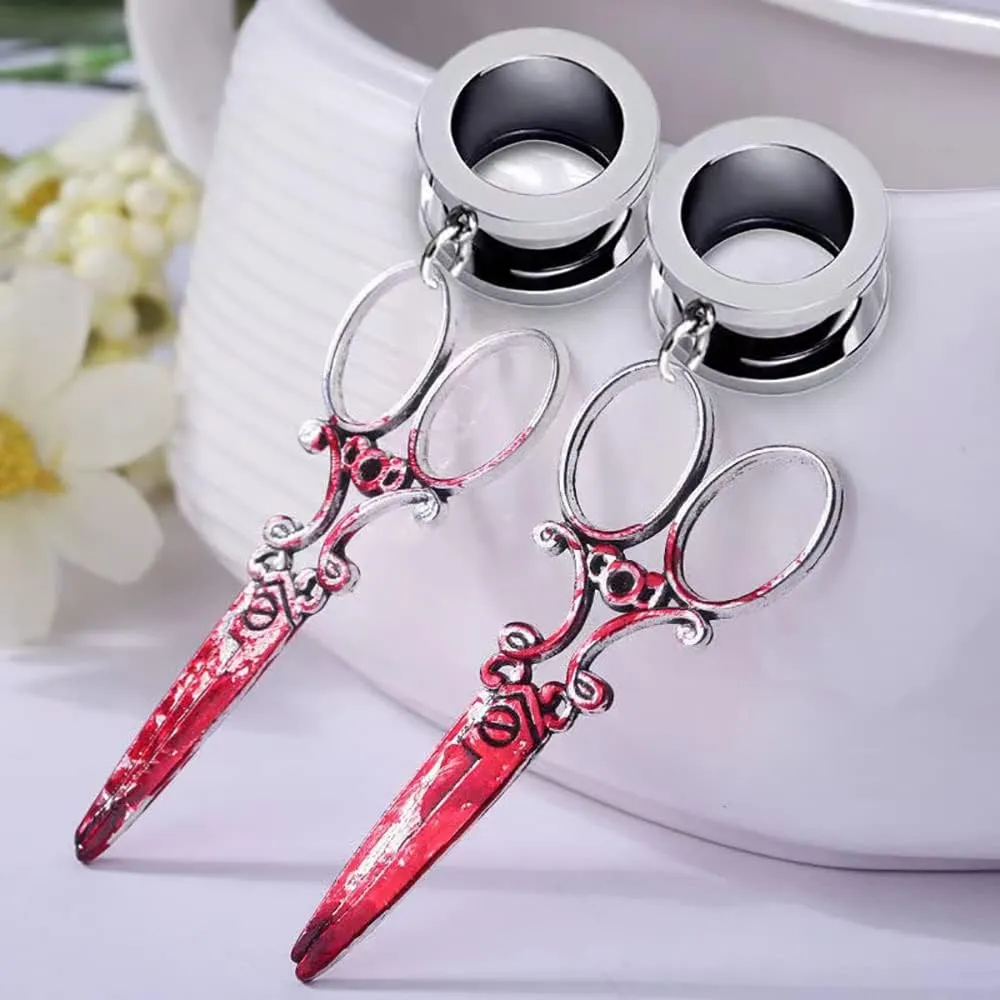 Plugs For Ears,Ear TunnelsHalloween Print Scissors Shape Dangle Ear Tunnels Plug Stainless Steel Double Flare Gauge Ears Expander Flesh Tunnels Piercing for Men Women 6mm-25mm