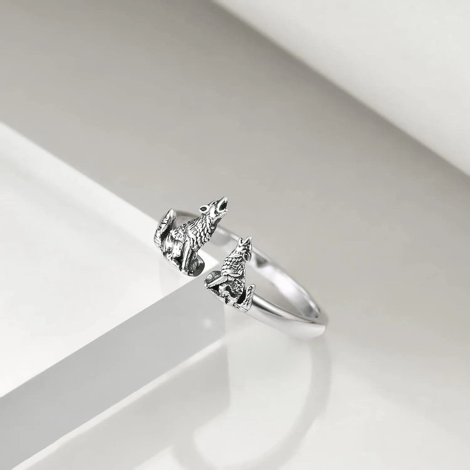 POPKIMI Wolf Rings Opal Sterling Silver Wolf Rings for Women Opal Moon Wolf Jewelry Wolves Gifts Howling Wolf Rings Charm Jewelry for Wolf Lover Women Men Mom Friends Birthday