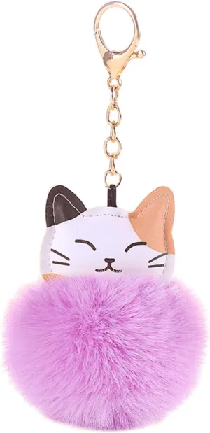 POYAMUSE Fluffy Cat Pom Pom Ball Keychain - Cute Kitty Plush Ball Accessory Keyring for Women Bag Decoration