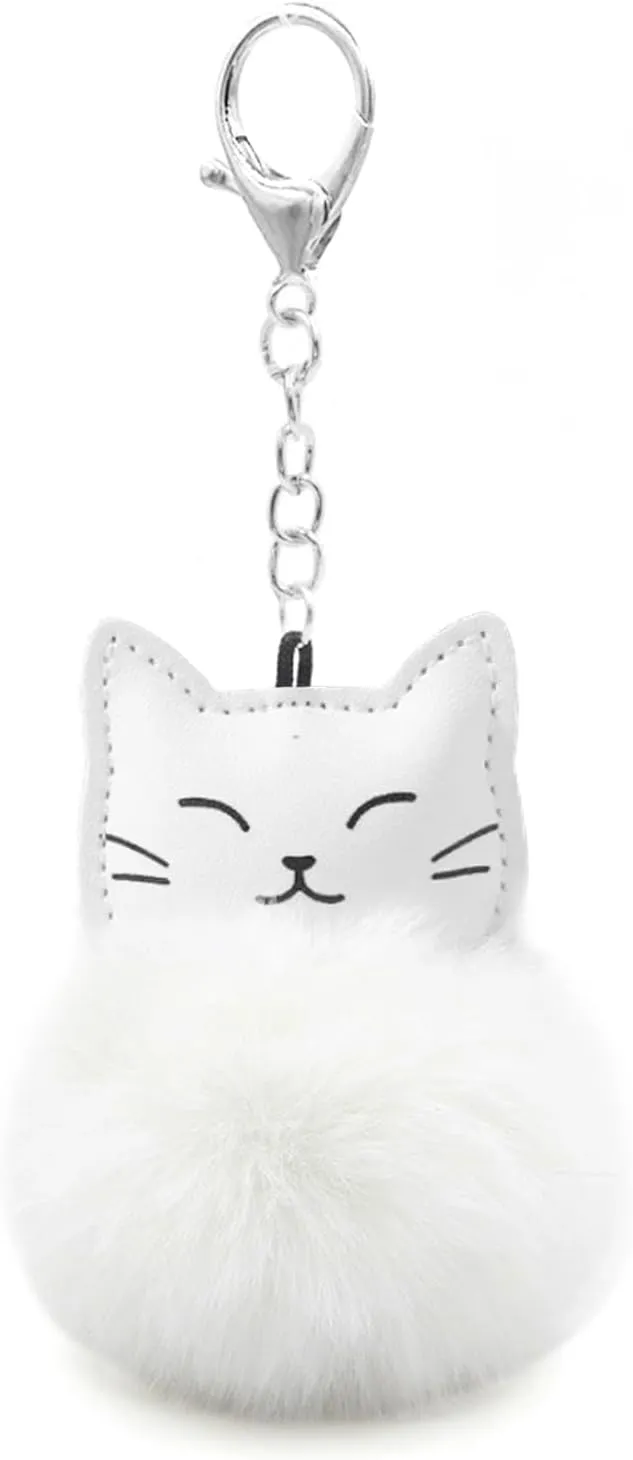 POYAMUSE Fluffy Cat Pom Pom Ball Keychain - Cute Kitty Plush Ball Accessory Keyring for Women Bag Decoration