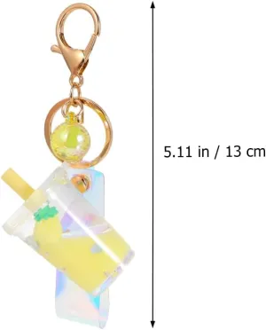 PRETYZOOM Kawaii Keychain, Floating Liquid Keychain Backpack Pendant, Pineapple Charm Quicksand Keyring Milk Tea Bubble Tea for Women Girl - Yellow