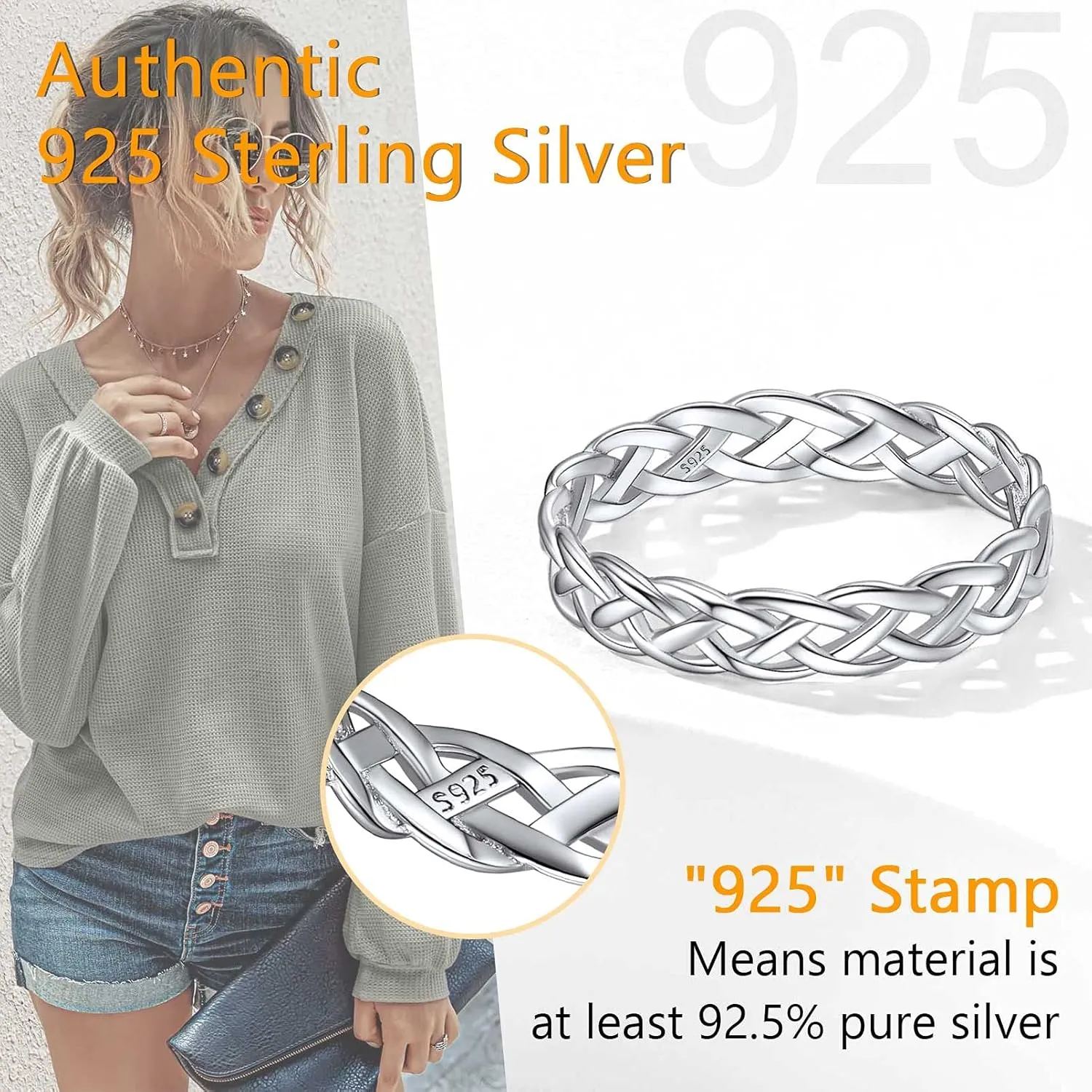 PROSILVER 925 Sterling Silver Rings for Women, 2mm/3mm Wedding Band, Dainty Triple Rings, Cuban Link, Celtic Knot, Comfort Fit, #4-#12, Boxed