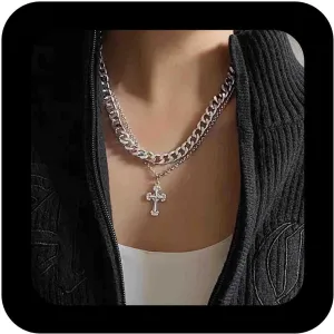 Punk Layered Curb Chain Necklace Accent Cross Pendant Necklace Choker Silver Chunky Chain Necklace Gothic Faith Cross Necklace Jewelry for Women