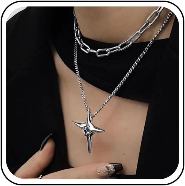 Punk Layered Star Choker Necklace Crystal Star Pendant Necklace Chunky Paperclip Chain Necklace Silver Cross Necklace Jewelry for Women