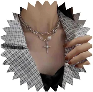 Punk Paperclip Cross Necklace Layered Cz Cross Pendant Necklace Silver Pearl Necklace Chain Imbalanced Necklace Jewelry for Women