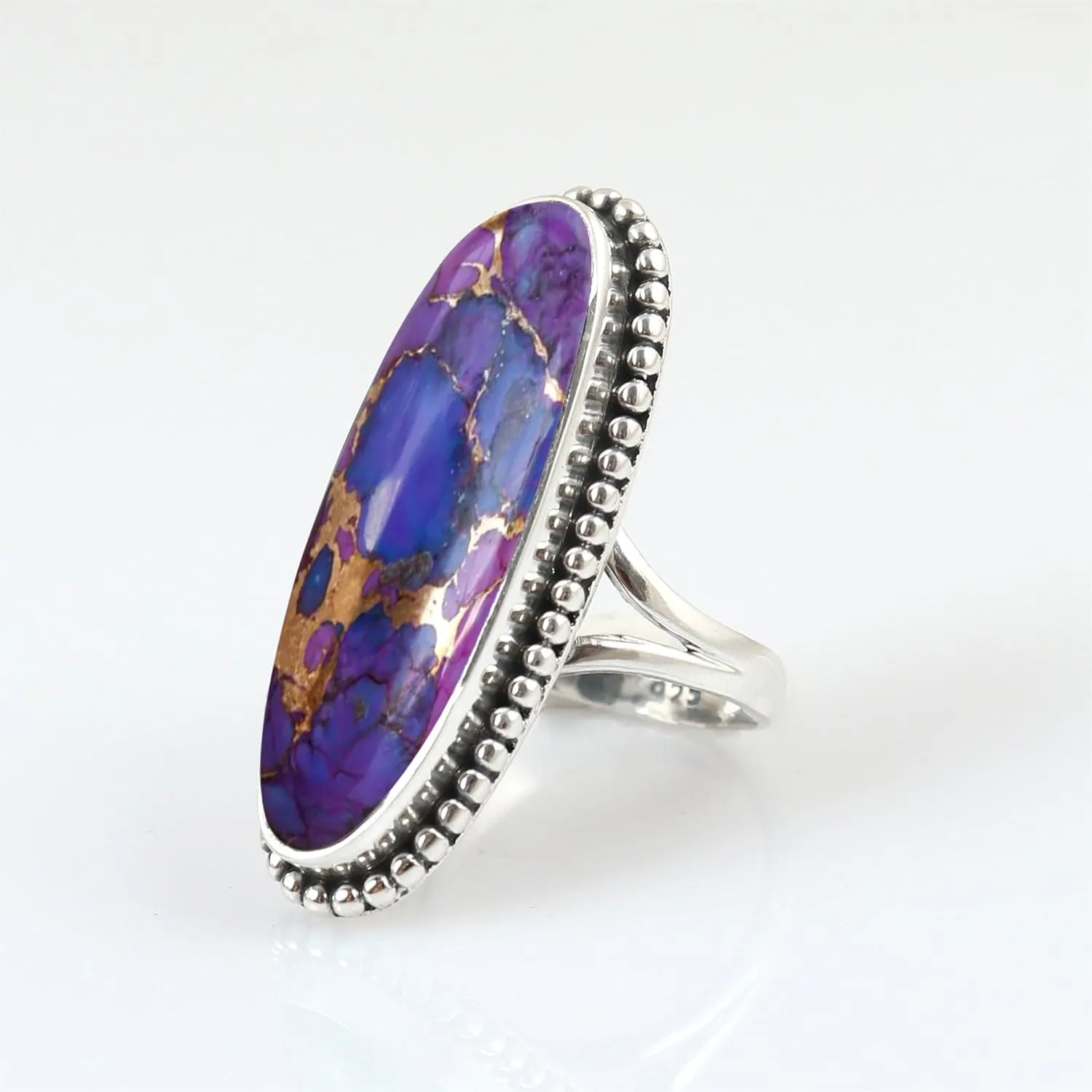 Purple Copper Turquoise Gemstone Ring 925 Sterling Silver Handmade Long Oval Designer Ring For Women Wedding Gift For Her By NKG (Purple Turquoise)