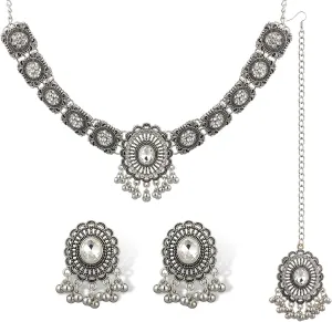 QUELAY 3 Pcs Indian Jewelry Set for Women Indian Traditional Statement Choker Necklace Earrings Forehead Jewelry Gifts Rhinestone Maang Tikka Bridal Set