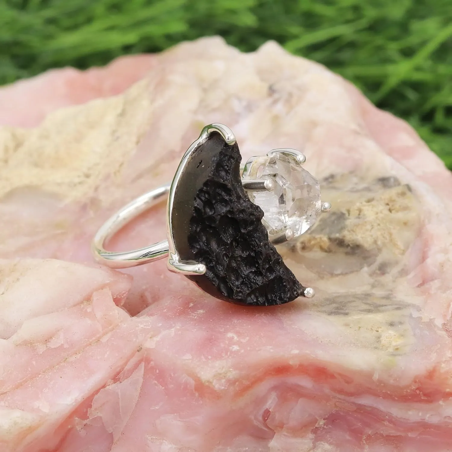 Raw Half Moon Tektite Ring, Herkimer Diamond Ring 925 Sterling Silver Ring, Herkimer Gemstone Ring, Rough Tektite Ring, Birthstone Ring
