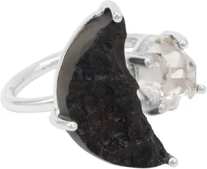 Raw Half Moon Tektite Ring, Herkimer Diamond Ring 925 Sterling Silver Ring, Herkimer Gemstone Ring, Rough Tektite Ring, Birthstone Ring