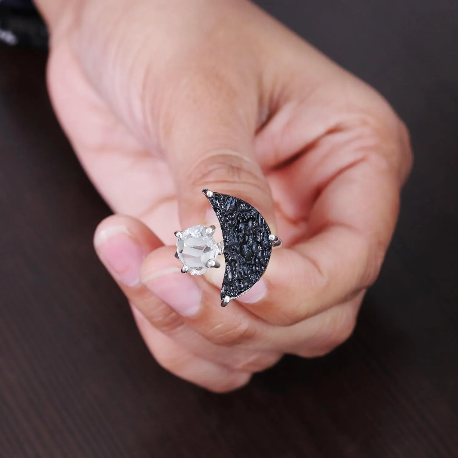 Raw Half Moon Tektite Ring, Herkimer Diamond Ring 925 Sterling Silver Ring, Herkimer Gemstone Ring, Rough Tektite Ring, Birthstone Ring