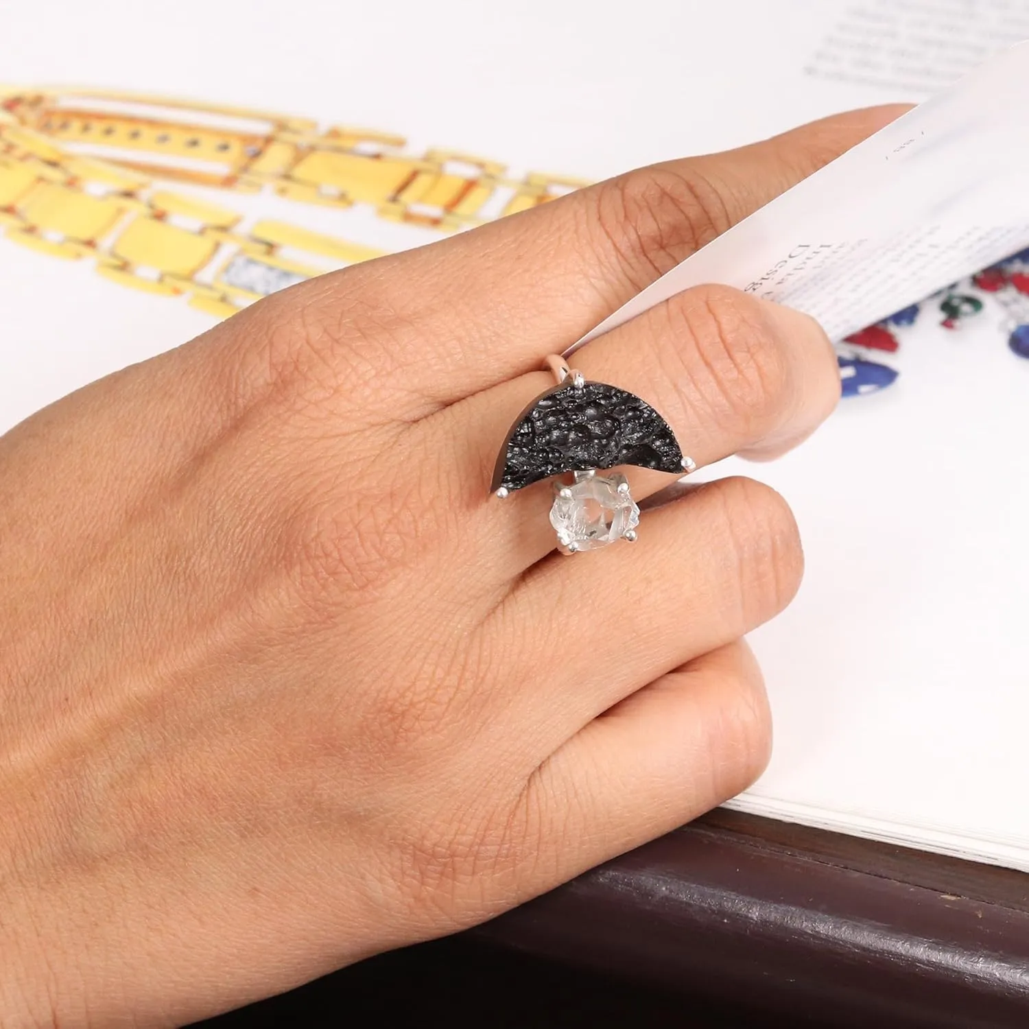 Raw Half Moon Tektite Ring, Herkimer Diamond Ring 925 Sterling Silver Ring, Herkimer Gemstone Ring, Rough Tektite Ring, Birthstone Ring