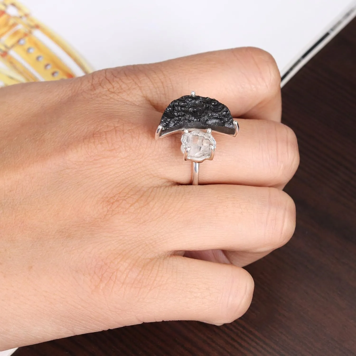 Raw Half Moon Tektite Ring, Herkimer Diamond Ring 925 Sterling Silver Ring, Herkimer Gemstone Ring, Rough Tektite Ring, Birthstone Ring