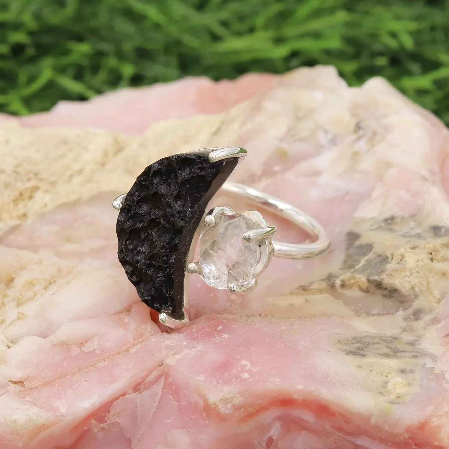 Raw Half Moon Tektite Ring, Herkimer Diamond Ring 925 Sterling Silver Ring, Herkimer Gemstone Ring, Rough Tektite Ring, Birthstone Ring