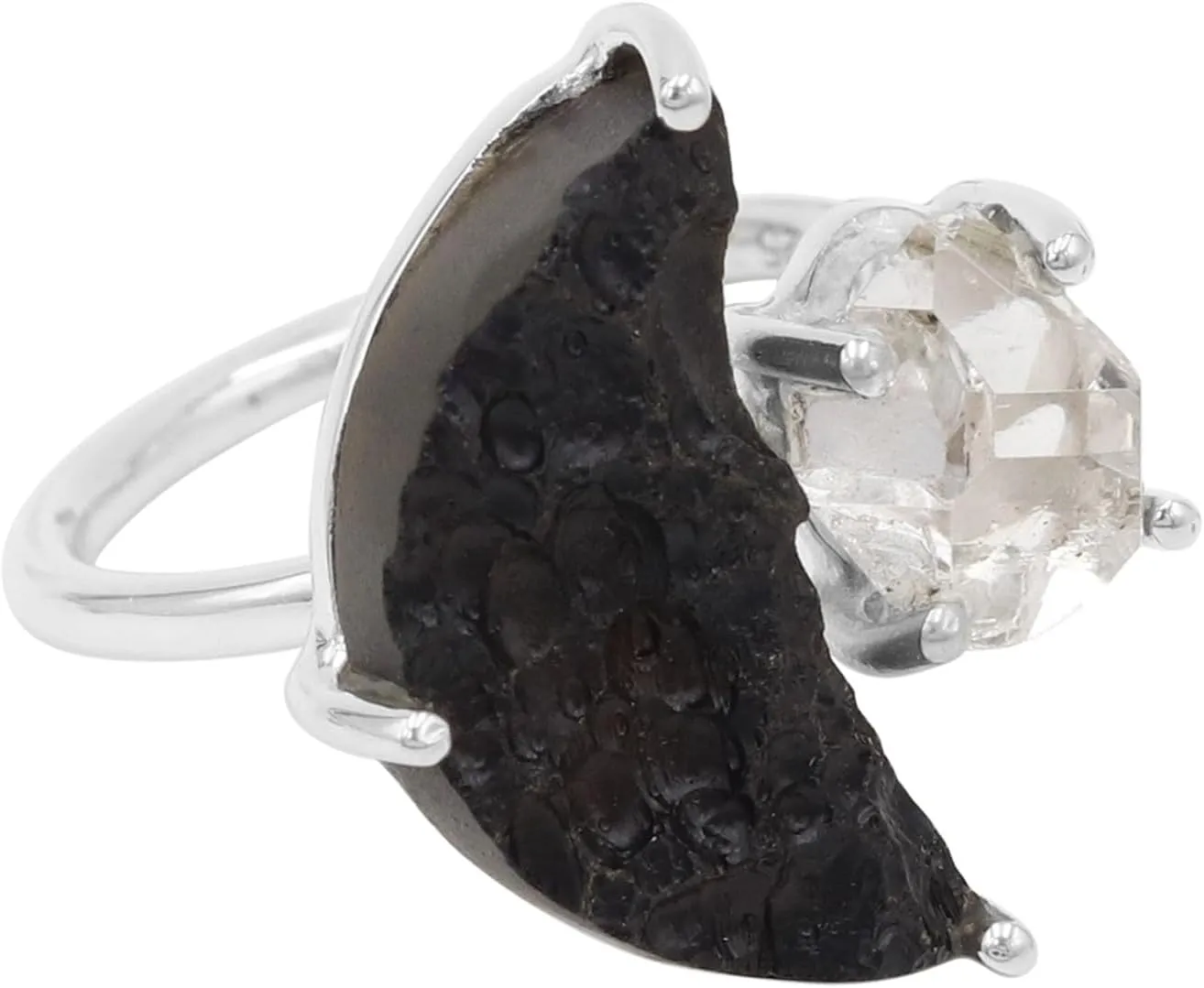 Raw Half Moon Tektite Ring, Herkimer Diamond Ring 925 Sterling Silver Ring, Herkimer Gemstone Ring, Rough Tektite Ring, Birthstone Ring