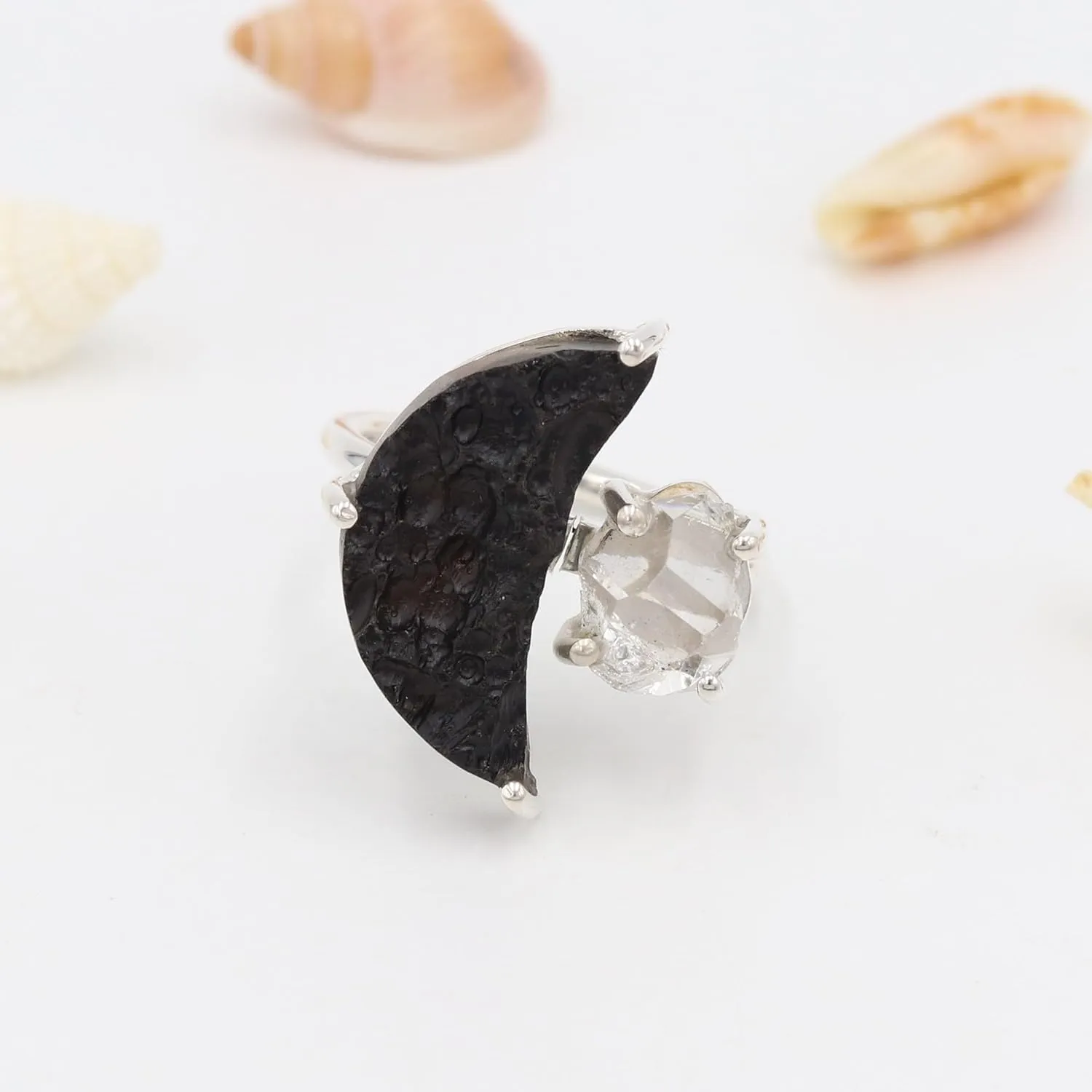 Raw Half Moon Tektite Ring, Herkimer Diamond Ring 925 Sterling Silver Ring, Herkimer Gemstone Ring, Rough Tektite Ring, Birthstone Ring