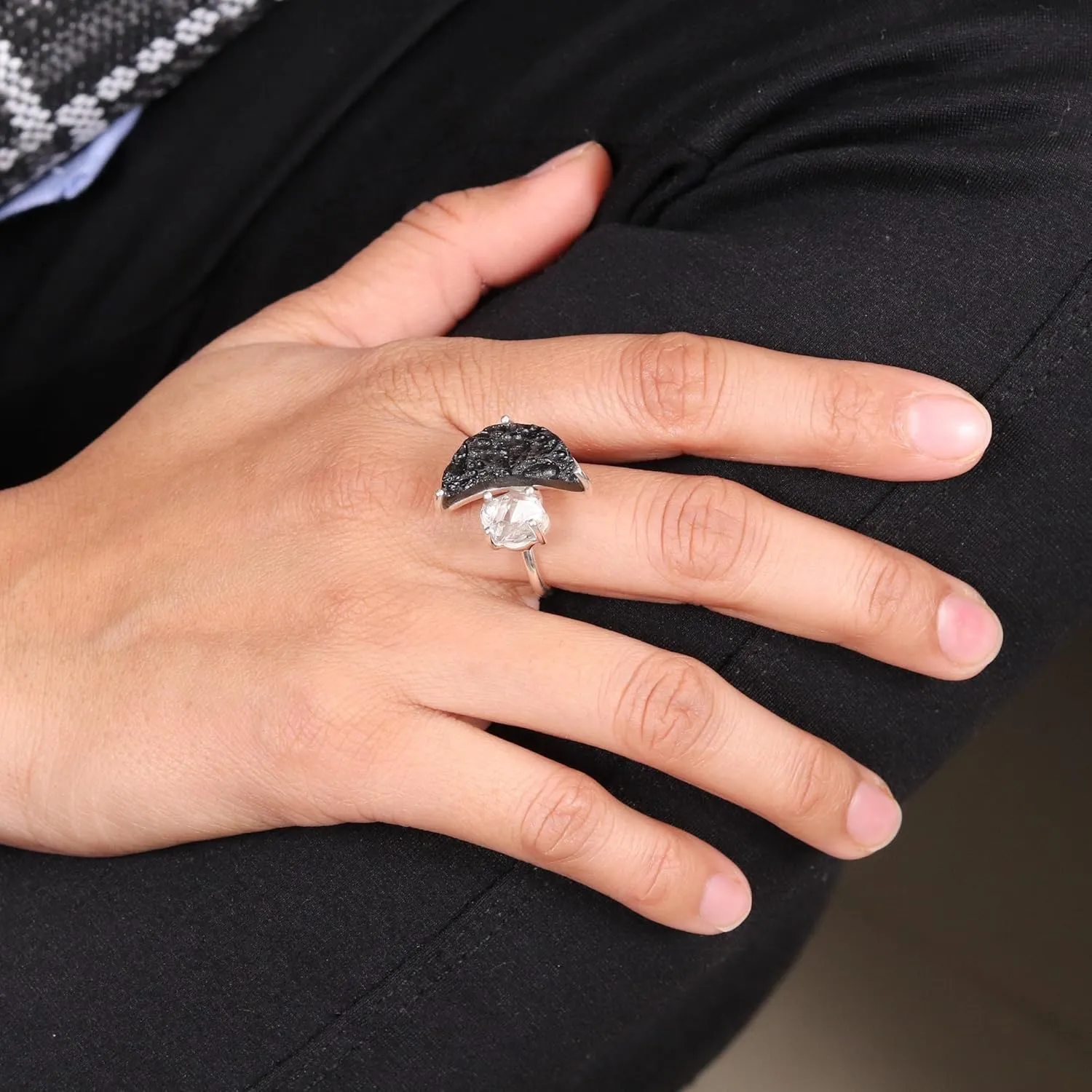 Raw Half Moon Tektite Ring, Herkimer Diamond Ring 925 Sterling Silver Ring, Herkimer Gemstone Ring, Rough Tektite Ring, Birthstone Ring