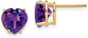Real 14k Yellow Gold 8mm Heart Amethyst Purple February Gemstone Studs Earrings 8mm