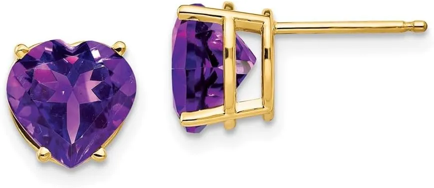 Real 14k Yellow Gold 8mm Heart Amethyst Purple February Gemstone Studs Earrings 8mm