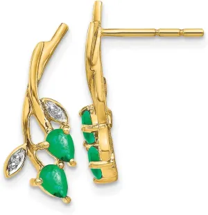 Real 14k Yellow Gold Diamond and Emerald Green May Gemstone Post Studs Earrings - 19mm x 7mm (.011 cttw.)