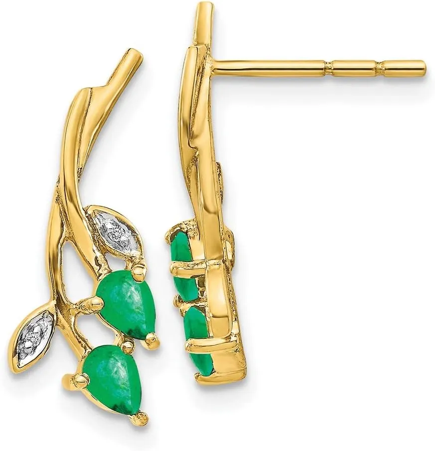 Real 14k Yellow Gold Diamond and Emerald Green May Gemstone Post Studs Earrings - 19mm x 7mm (.011 cttw.)