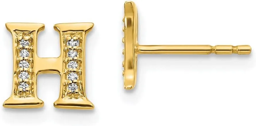 Real 14k Yellow Gold Diamond Initial Letter H Button Post Studs Earrings 8mm (.06 cttw.)