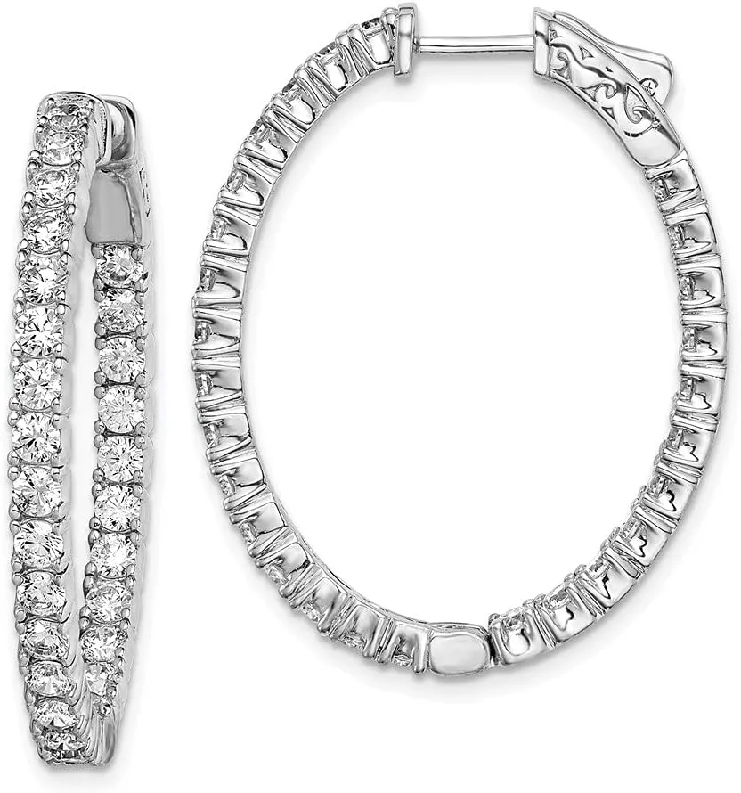 Real 925 Sterling Silver CZ Cubic Zirconia Inside-Out Oval Hoop Earrings - 38mm x 29mm