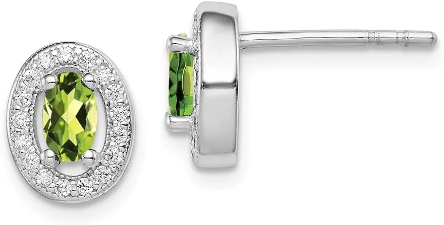 Real 925 Sterling Silver Light Green and White CZ Cubic Zirconia Oval Stud Earrings - 9mm x 8mm