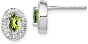 Real 925 Sterling Silver Light Green and White CZ Cubic Zirconia Oval Stud Earrings - 9mm x 8mm
