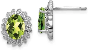 Real 925 Sterling Silver Peridot Green August Gemstone and Diamond Post Studs Earrings - 12mm x 10mm (.03 cttw.)